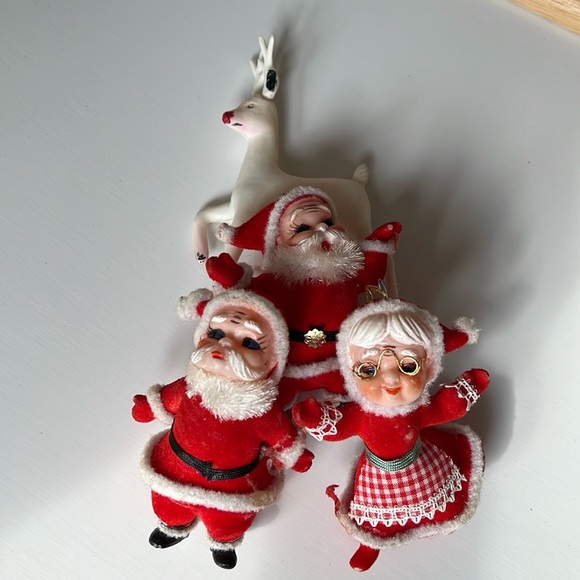 Vintage Flocked Santa and Mrs. Claus felted 60’s Plastic Reindeer - Picture 1 of 10